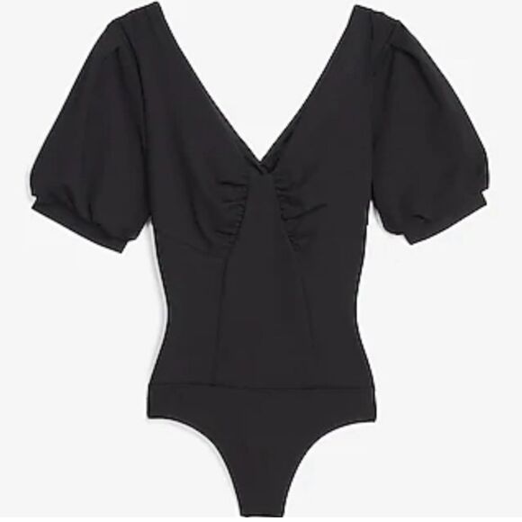 Express NWT Black Puff Sleeve Bodysuit V Neck Ruched Size XS Thong Body Suit - Picture 1 of 11
